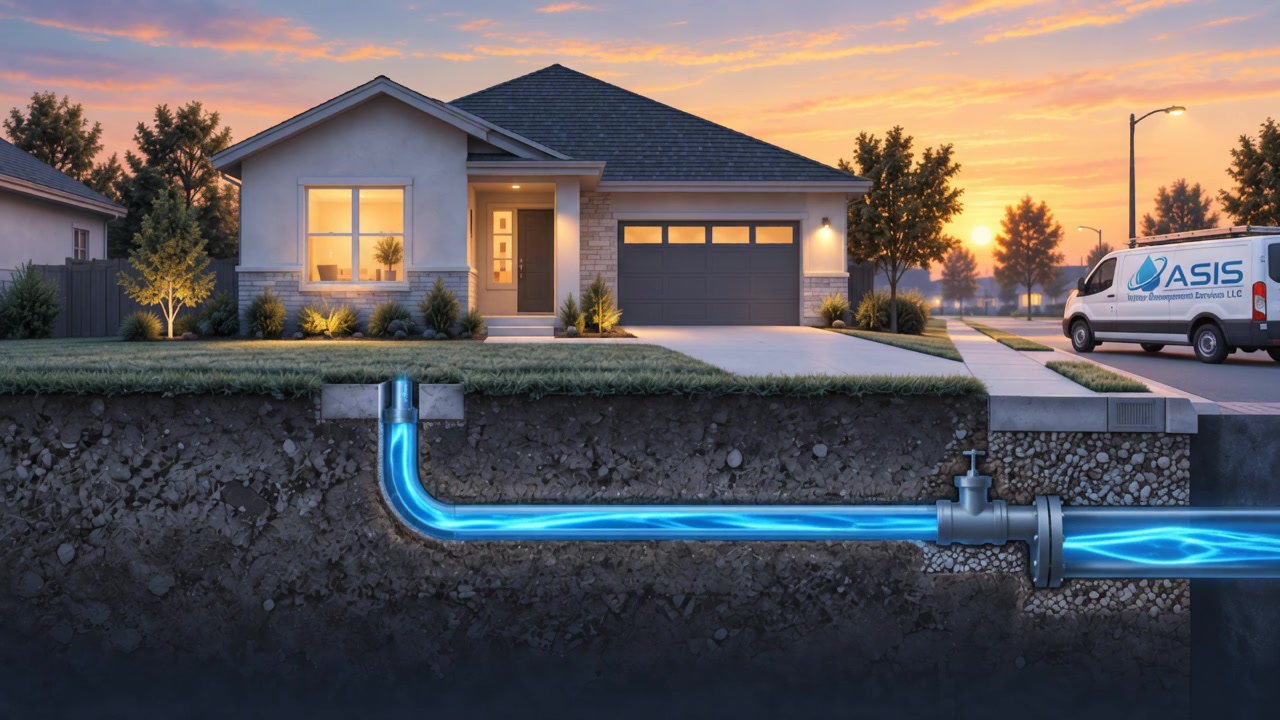 Oasis service van beside a Texas home and a glowing water line leading toward a neighborhood